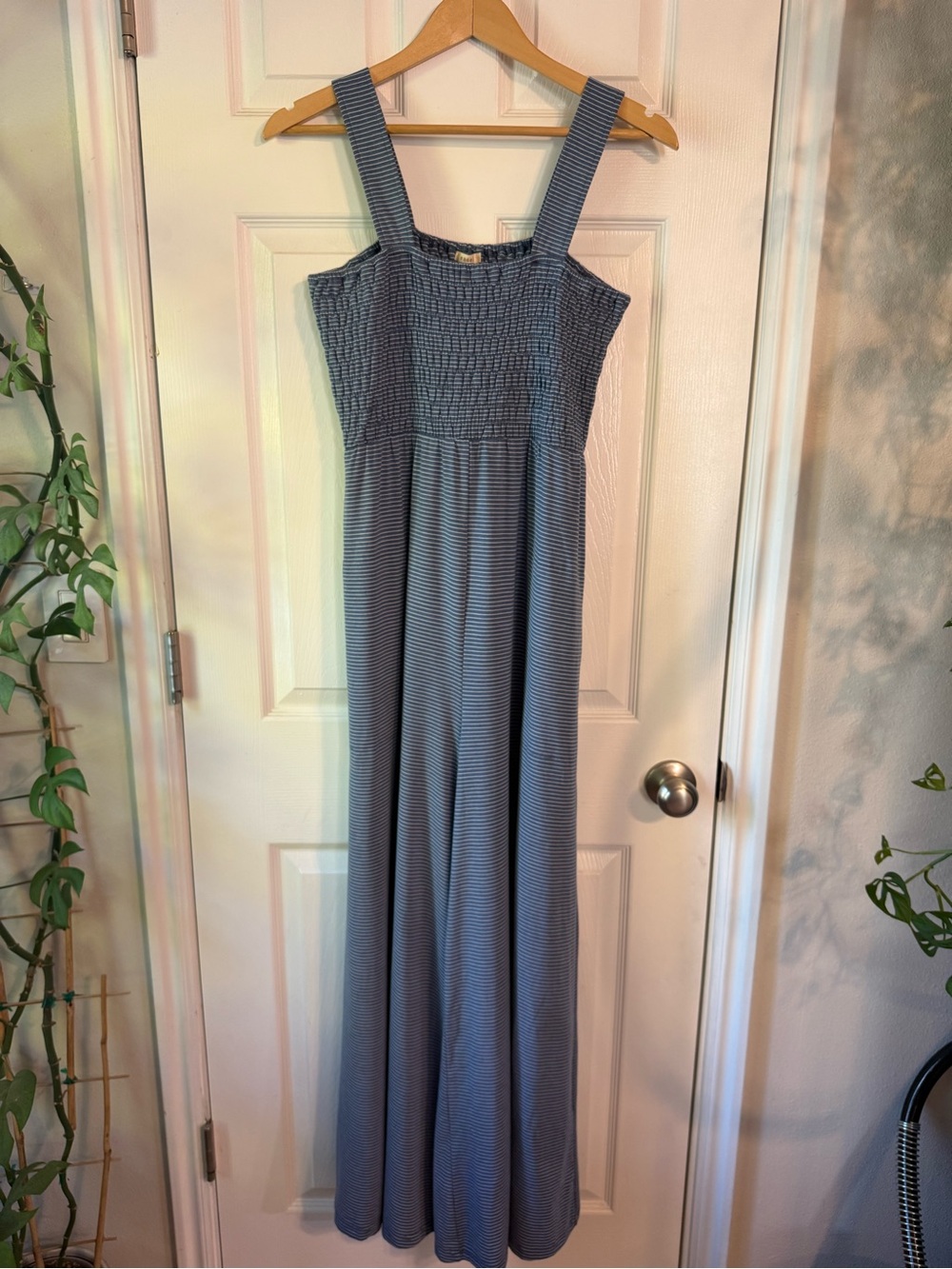 easel Blue Striped Smocked Jumpsuit